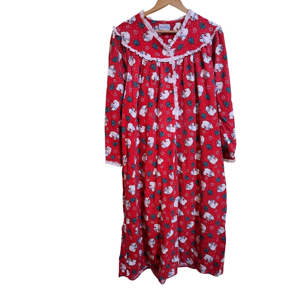 Lanz of Salzburg Nightgown Womens Medium Red Polar Bear Flannel Lace Trim Long